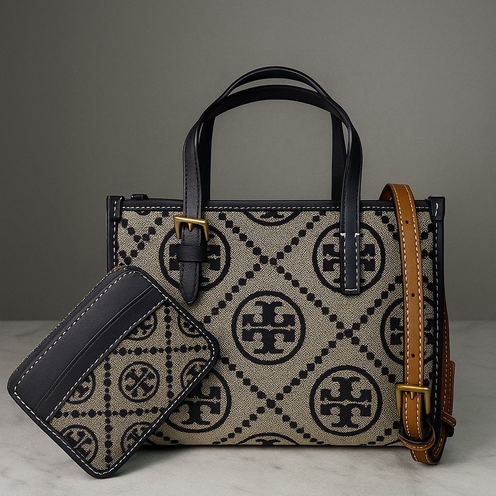 Tory Burch MINI Tory Navy T Monogram Jacquard Tote + Card Case